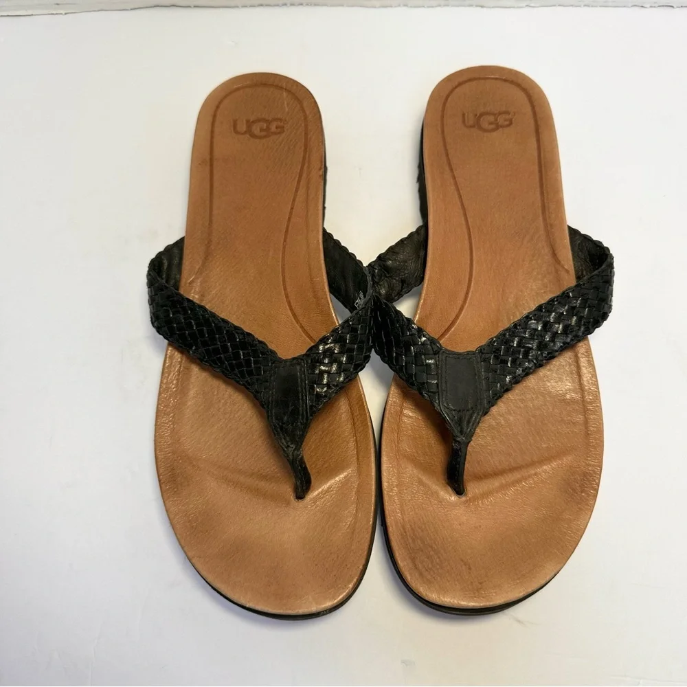 UGG Women's Black and Tan Lorrie Leather Woven Thong Sandals- Size 8